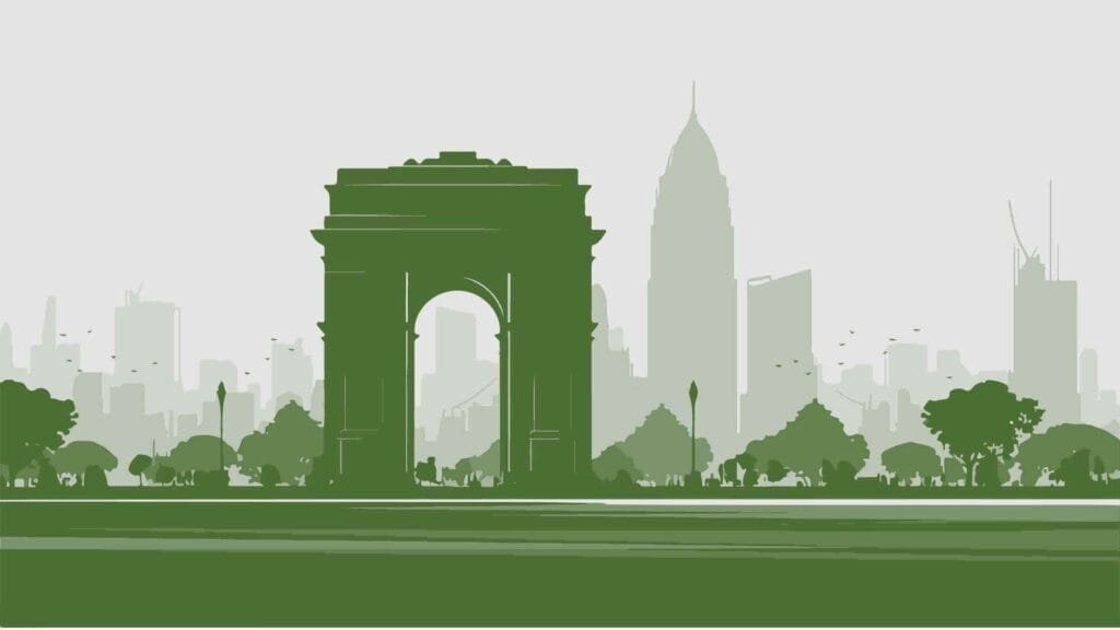 Silhouette of a cityscape with a large arch monument in the foreground, reminiscent of the Gateway of India. People are walking (1) (2)