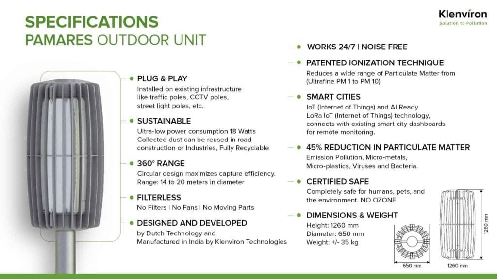 Specification chart along with diagrams explaining PAMARES outdoor unit by Klenviron technologies designed to be installed on existing infrastructure like streetlights to improve air quality.